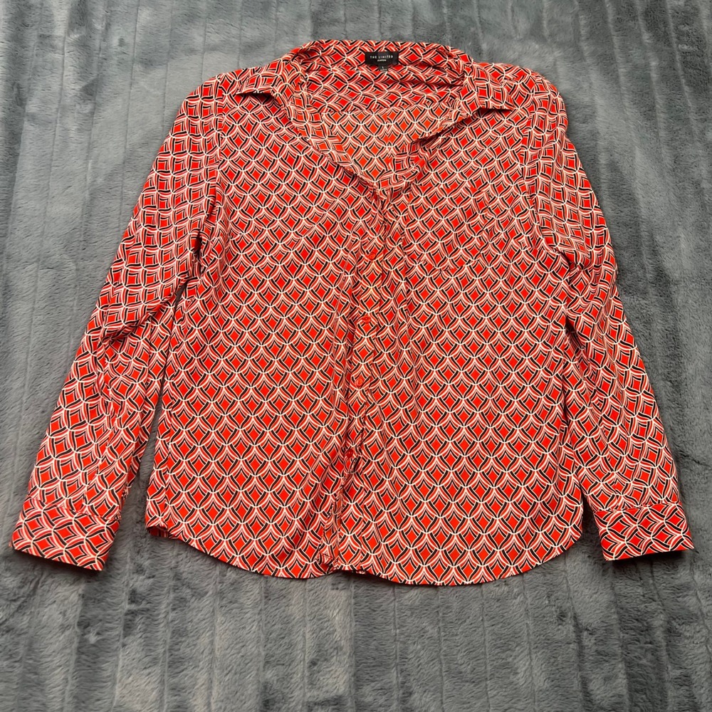 The Limited Ashton Red Black Geometric Diamond Print Button Down Blouse Large